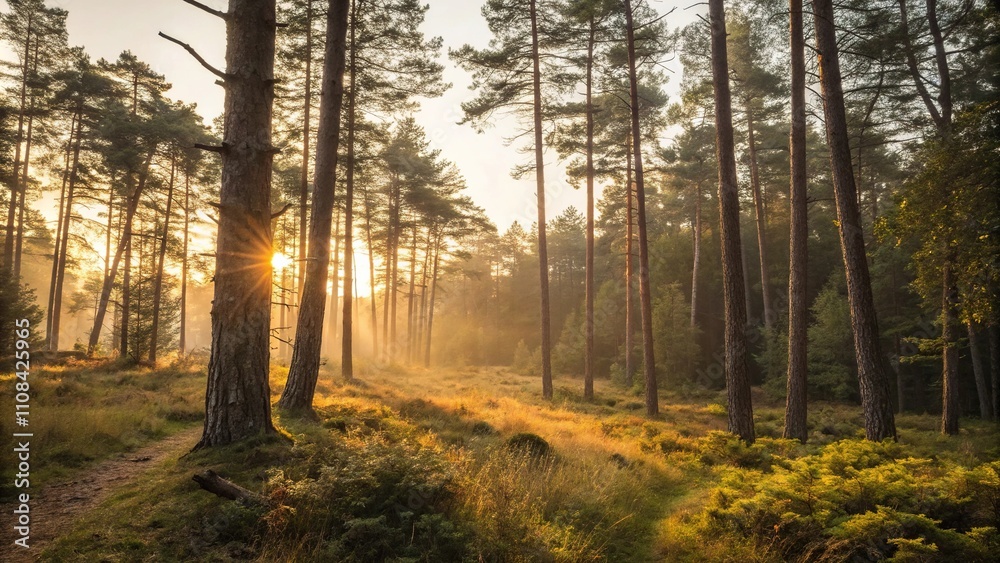 Obraz premium The last rays of sunlight filter through the trees as a serene forest glade is bathed in a warm golden light, panoramic sunset sky, vast landscape, outdoor scene, time of day