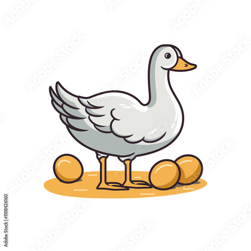 Goose standing near eggs on a yellow surface