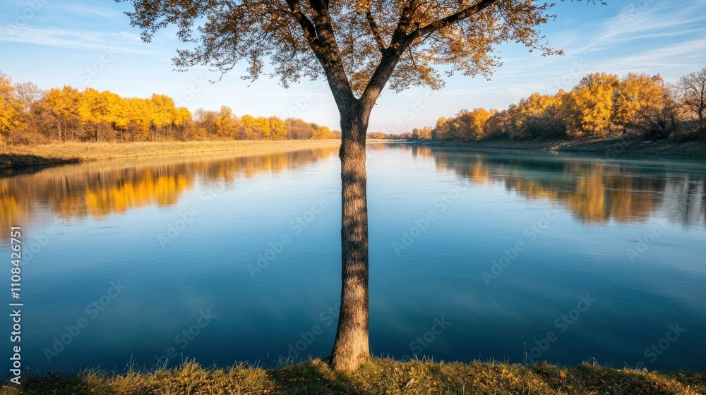 Fototapeta premium A serene riverside view featuring a solitary tree with autumn foliage reflecting in the calm water under a clear blue sky.