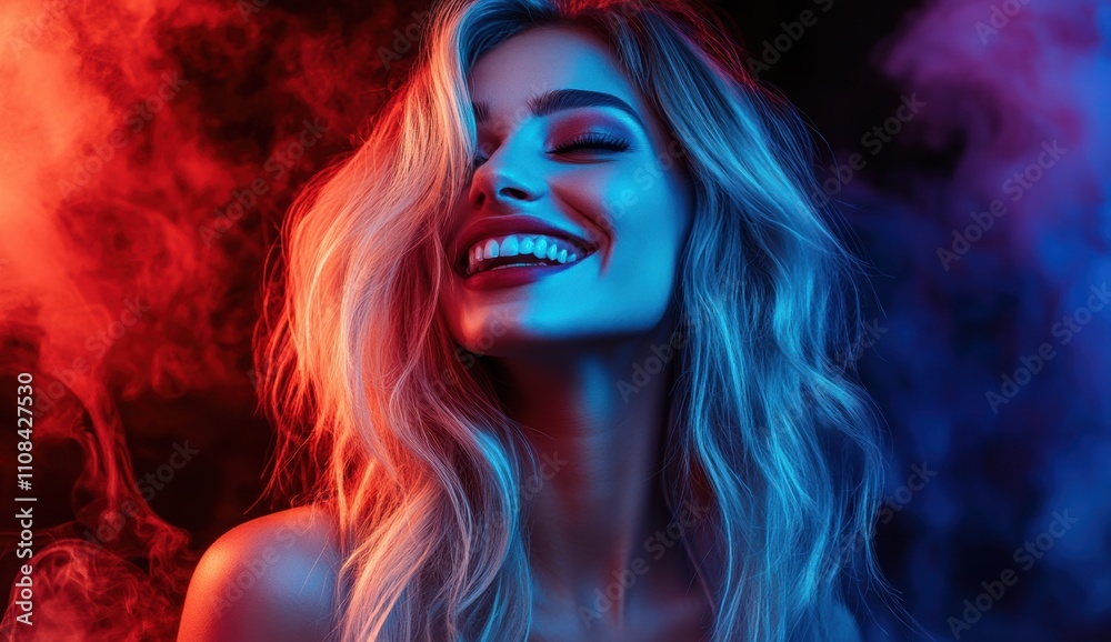 Naklejka premium artistic and creative projects, symbolizing fun and happiness with a touch of nightclub or party-like aesthetics. The combination of colored lights and smoke effects enhances the mood
