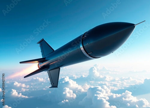 Black ballistic missile flying in the sky