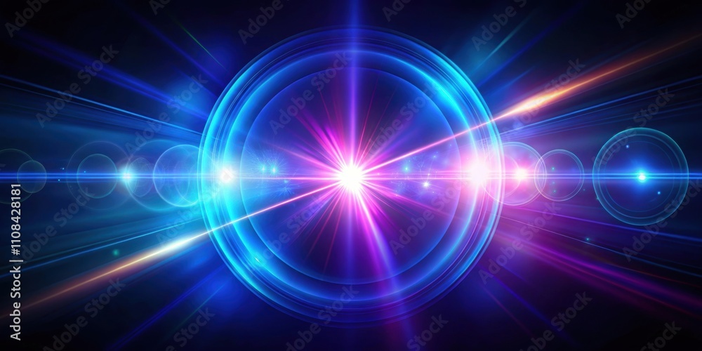 Naklejka premium Colorful optical lens flares in blue and purple shining on black background, optical, lens flares, colorful, blue, purple