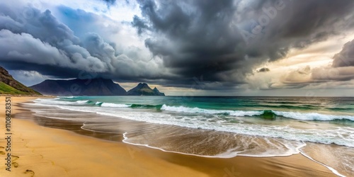 Cloudy day at S?o Vicente beach with dark clouds overhead and calm waves, beach, S?o Vicente, cloudy, overcast, dark clouds photo