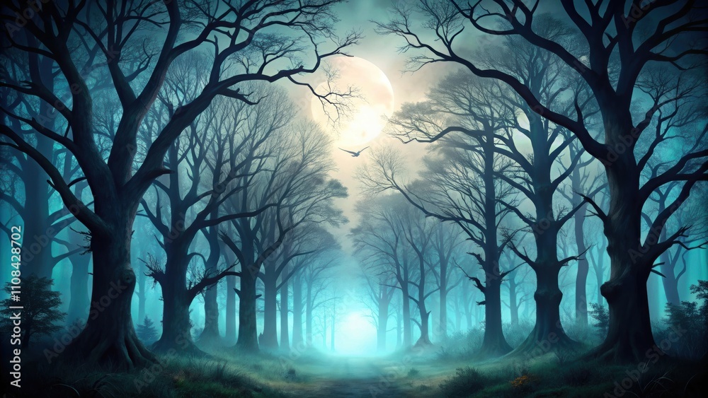 Obraz premium Spooky forest with silhouettes of trees , Halloween, dark, eerie, misty, shadows, mysterious, fog, creepy, haunting, atmosphere