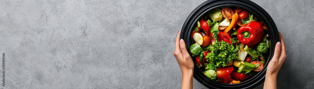Fresh and vibrant salad bowl held with two hands, showcasing colorful vegetables like red peppers, tomatoes, and greens. Perfect for healthy eating! Fresh and vibrant salad bowl held with two hands, showcasing colorful vegetables like red peppers, tomatoes, and greens. Perfect for healthy eating!