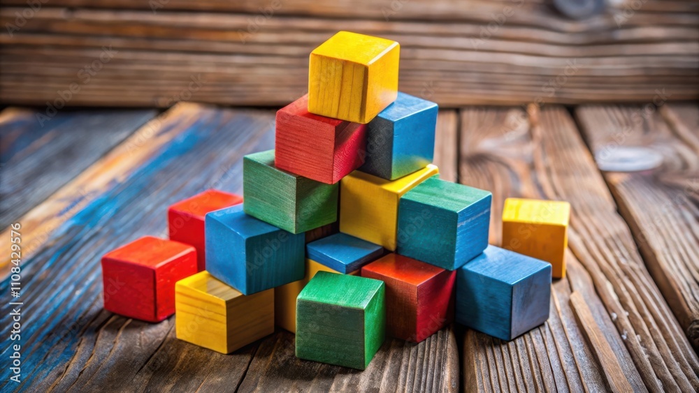 Obraz premium A pile of colorful wooden blocks stacked in a haphazard arrangement on a weathered wooden surface.