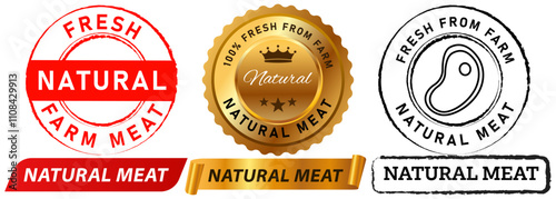Natural meat farmer butcher farm butchery fresh cow sheep chicken healthy organic nature stamp colorful badge emblem sticker banner label ribbon design icon set collection