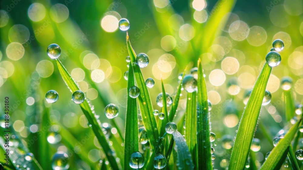Fototapeta premium Close up photo of crystal-clear dew drops glistening on vibrant green grass blades , dew, drops, water, green, grass, blades