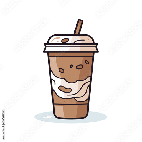 Delicious iced coffee with whipped cream and straw