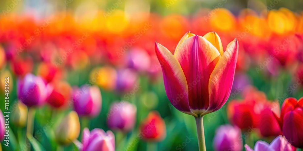 Fototapeta premium Tulip flower bloom on background of blurry tulips in tulip garden, Tulips, flowers, bloom, garden, spring, nature, beauty, colorful