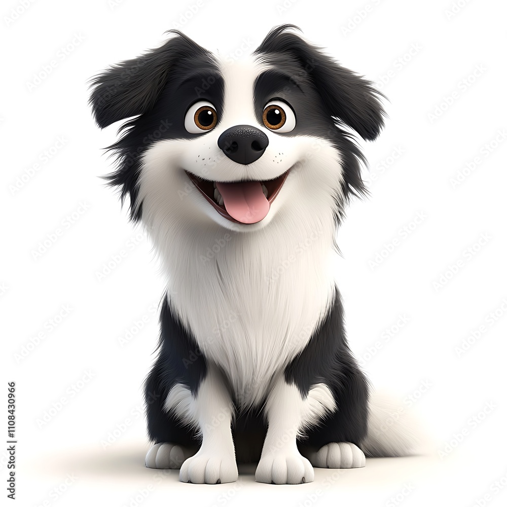 Fototapeta premium Fluffy Black and White Cartoon Dog Sitting Happily on a White Background, Isolated and Smiling with Bright Eyes, Perfect for Pet-Themed Designs and Projects