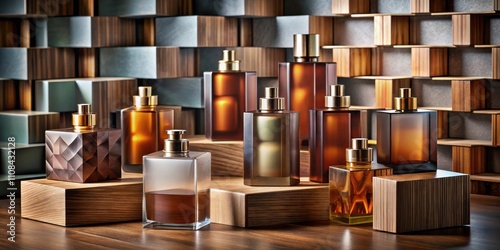 A collection of amber glass perfume bottles with gold atomizers displayed on wooden platforms against a backdrop of stacked wooden blocks. photo