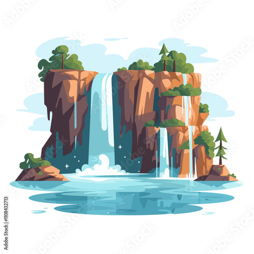 Waterfalls flow from cliffs to calm waters