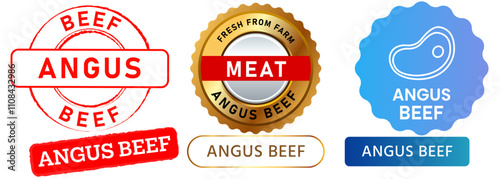 Angus beef meat natural healthy farm product protein cow farm butchery fresh premium stamp colorful badges logo label banner emblem medal design icon set collection