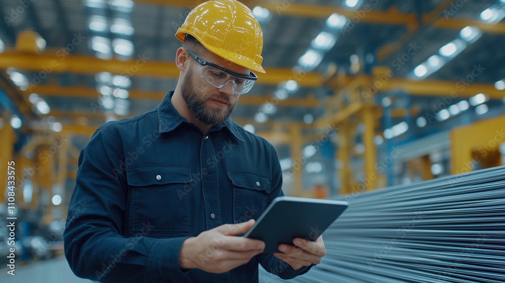 Businessman and woman with tablet at metal rods in factory hall Businessman and woman with tablet at metal rods in factory hall