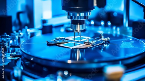 Electronic equipment. Machine for the production of miniature printed circuit boards on a blue background. Equipment that allows operator to control the production process of electronic components.