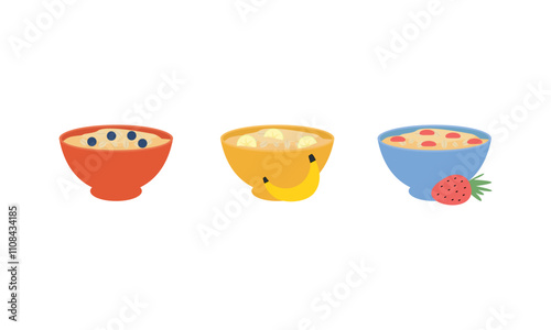 Oatmeal set. Collection of cups of oatmeal porridge with various fruits