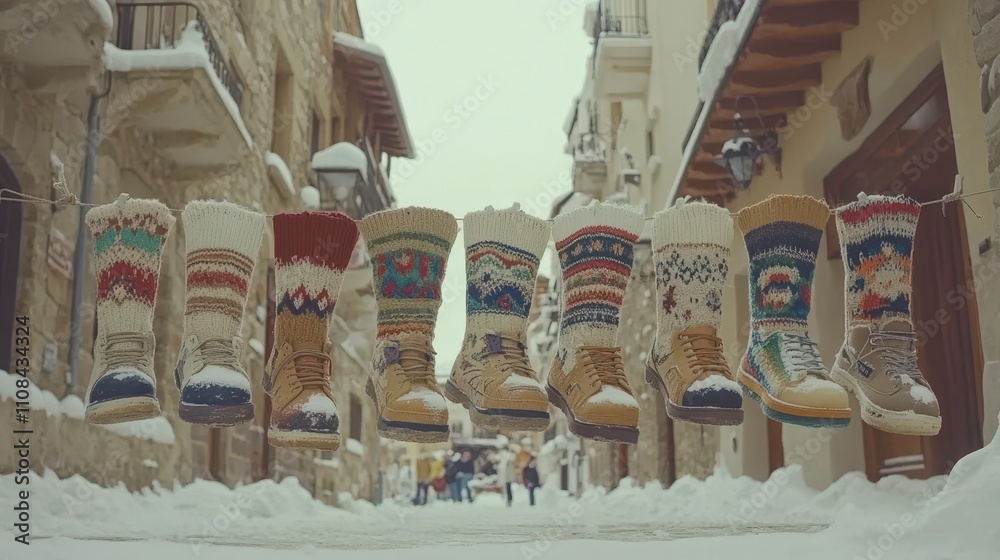 Fototapeta premium Winter wonderland colorful knitted boots hanging outdoors in a snowy village street scene cozy atmosphere charming viewpoint