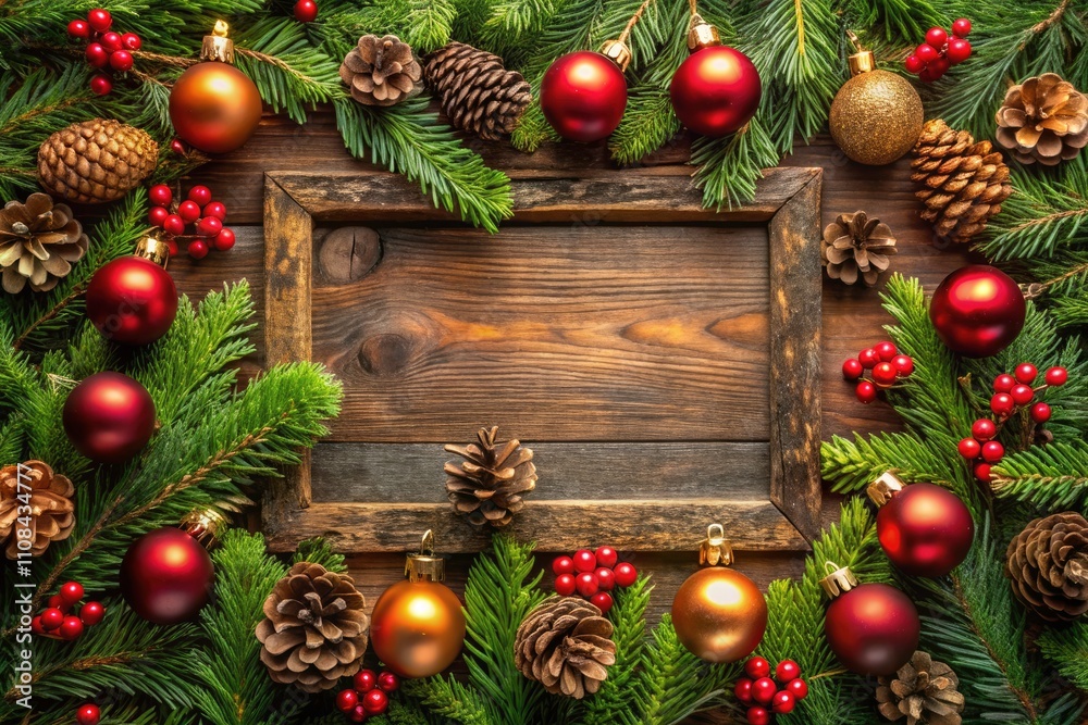 Christmas Portrait Frame, Festive Holiday Decorations, Pine Cones, Ornaments, Greenery, Warm Winter Background, Holiday Photo Template Christmas Portrait Frame, Festive Holiday Decorations, Pine Cones, Ornaments, Greenery, Warm Winter Background, Holiday Photo Template