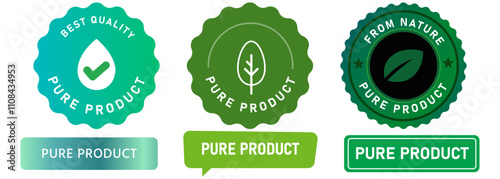 Pure product natural safe best quality formula nature approved leaves logo stamp green badges emblem button label banner sticker design icons set collection