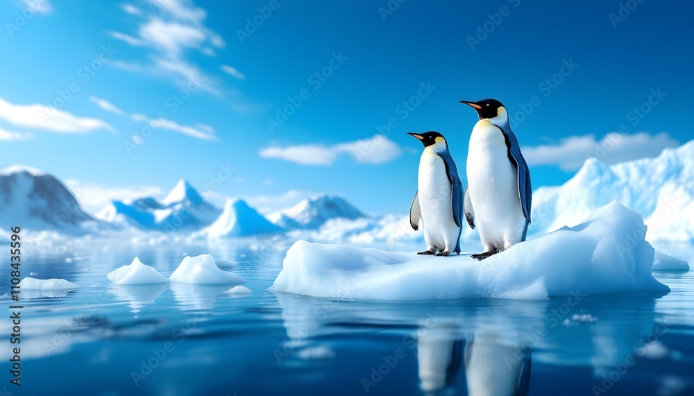 Obraz premium A delightful gathering of gentoo penguins on a glistening ice floe, surrounded by stunning blue waters and majestic icebergs, showcasing their playful social behavior in the Arctic.