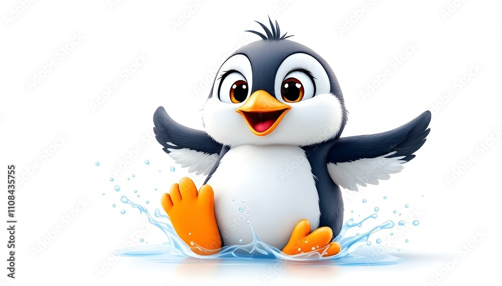 Obraz premium A 2D cartoon illustration of a penguin waddling on ice with snowflakes on a winter scene white background. featuring charming penguins set against the stunning backdrop of the Antarctic scenery