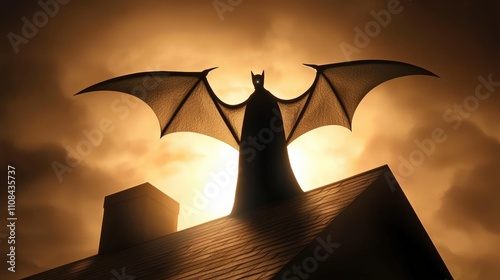 A dramatic silhouette of a cloaked figure with bat-like wings, perched on a rooftop.
