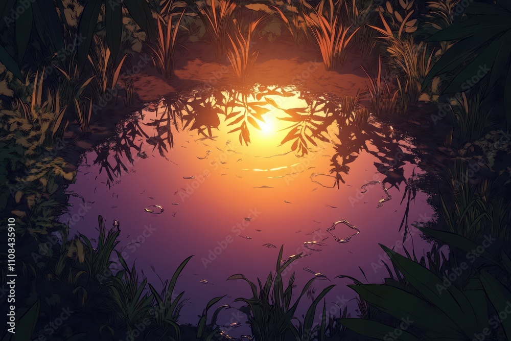 A serene pond reflecting a sunset amidst lush vegetation. A serene pond reflecting a sunset amidst lush vegetation.