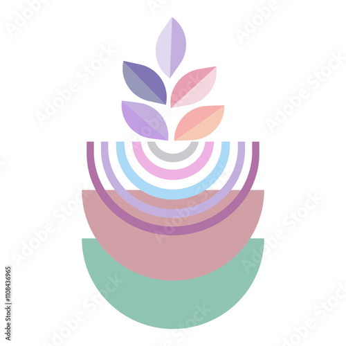 Colorful pastels half circle shape and pastel colorful leafs art prints for designs wall decor and wallpaper .