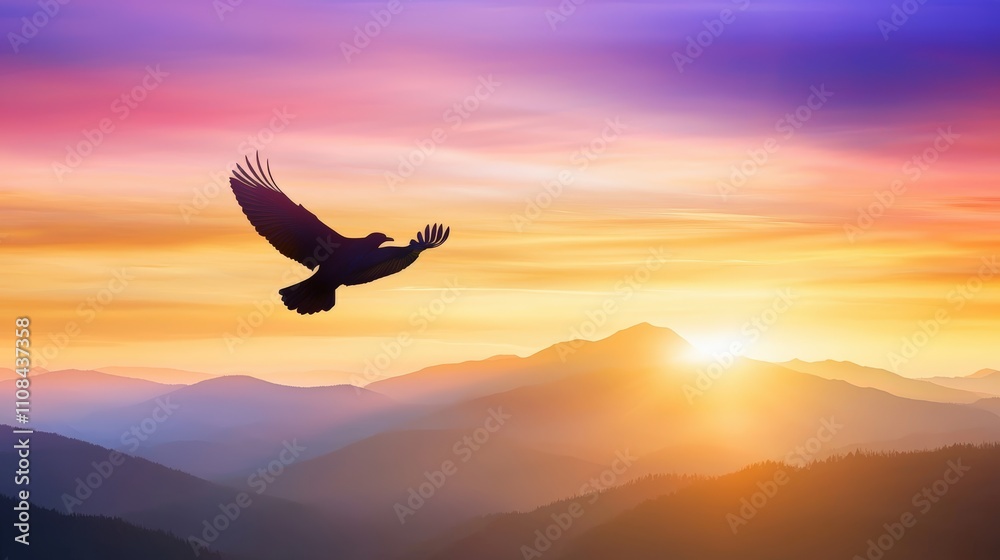 Fototapeta premium A majestic bird flying silhouette above a mountain range at dawn, symbolizing freedom.