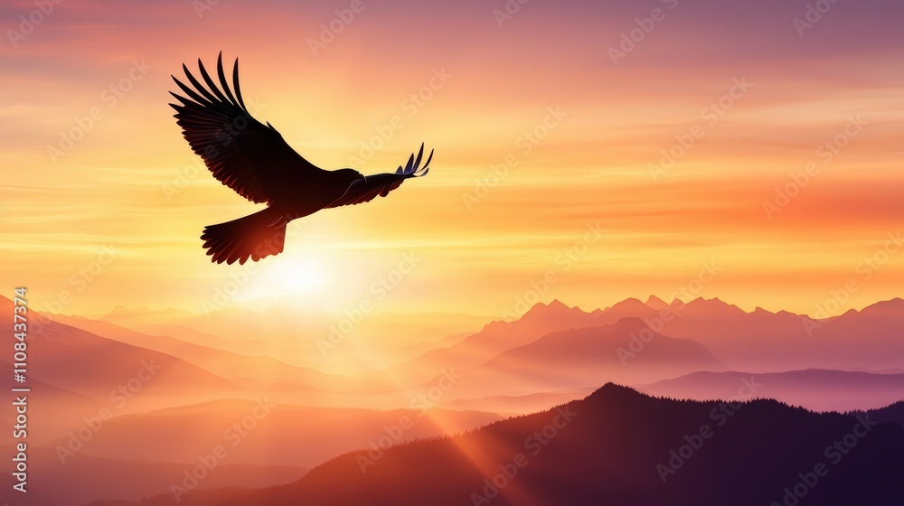 Obraz premium A majestic bird flying silhouette above a mountain range at dawn, symbolizing freedom.