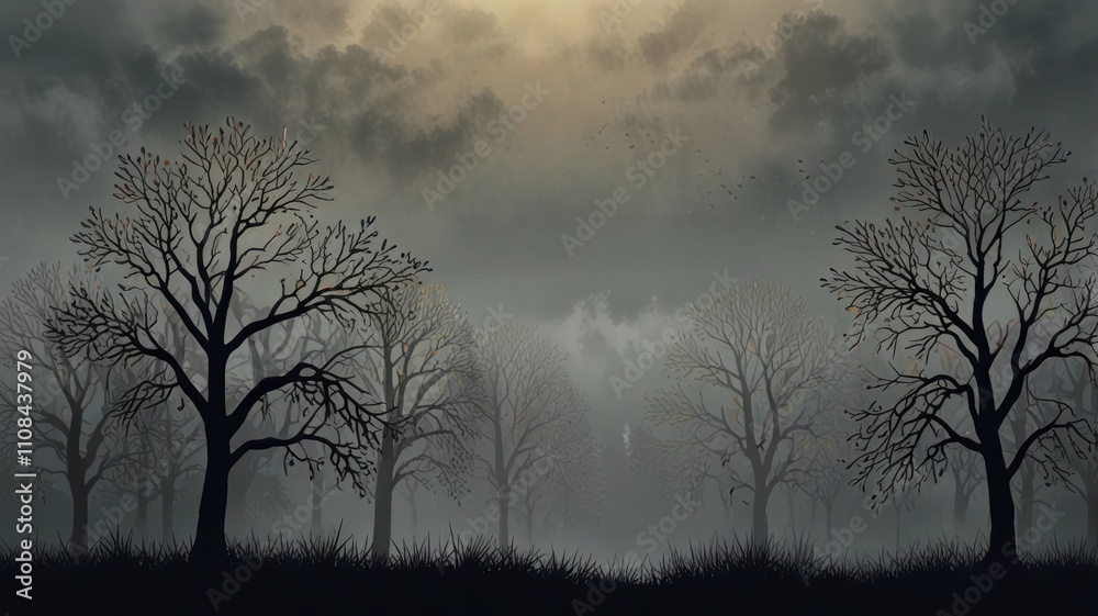 Obraz premium Here's a description and keywords for your image.. Eerie, fog-shrouded forest with bare trees under a cloudy sky.