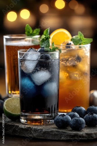 Refreshing display, row of iced beverages arranged with assorted ingredients on table, vibrant drink styling, mix of alcoholic and non-alcoholic options, emphasizing chilled refreshment, creativity.