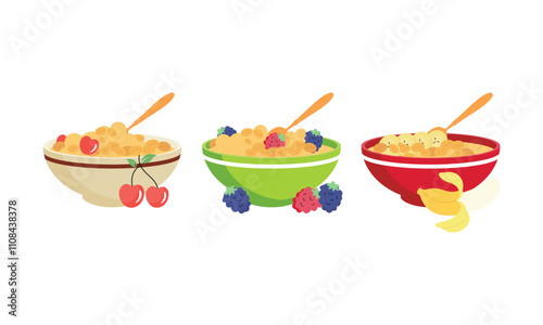 Oatmeal set. Collection of cups of oatmeal porridge with various fruits