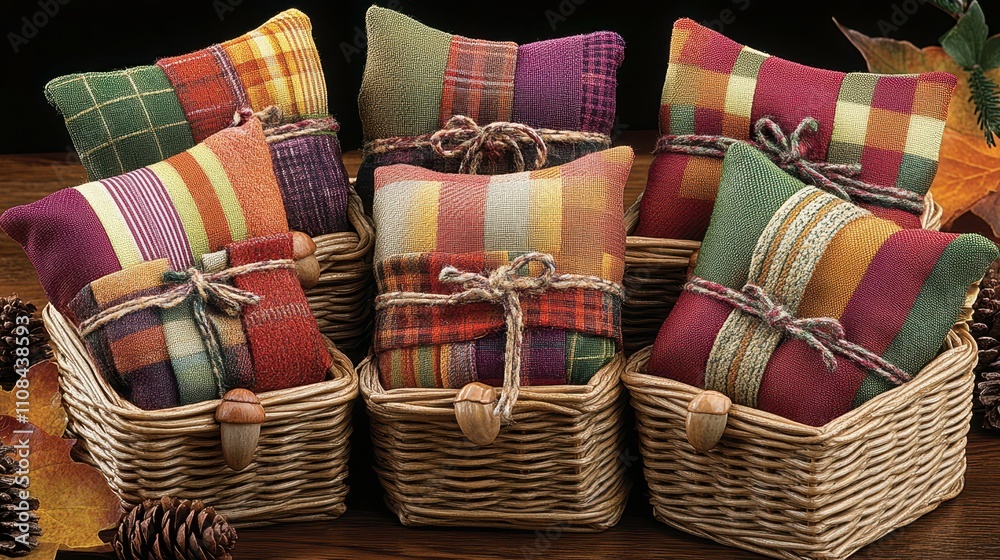 Obraz premium Cozy autumn decor inspiration home decorative cushions warm indoor environment close-up view seasonal comforts