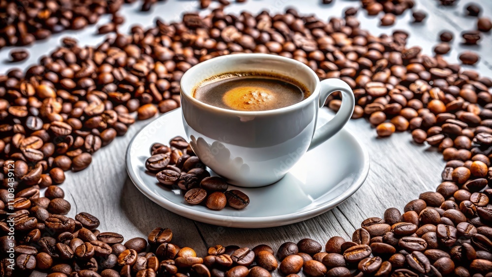 Fototapeta premium Fresh Cup of Coffee with Coffee Beans on White Background | Coffee Aroma | Morning Routine | Beverage Photography | Caffeine Fix | Coffee Lover's Delight | High Depth of Field