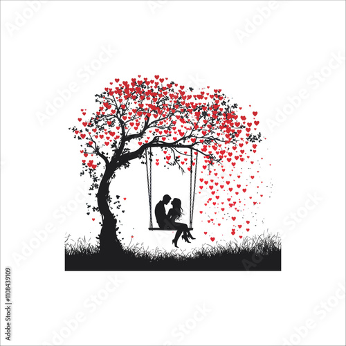 
A couple on a love swing a tree full of hearts icone. Couple Tree Swing Love with Heart shape.
