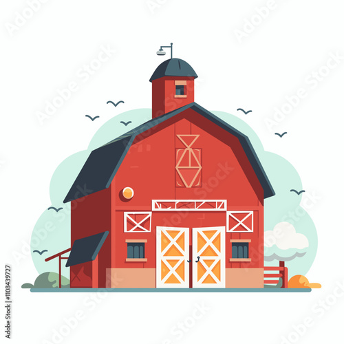 Red barn with a classic design amidst a rural landscape