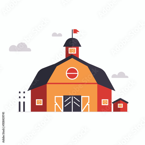 Red barn with a flag and clouds in a clear sky