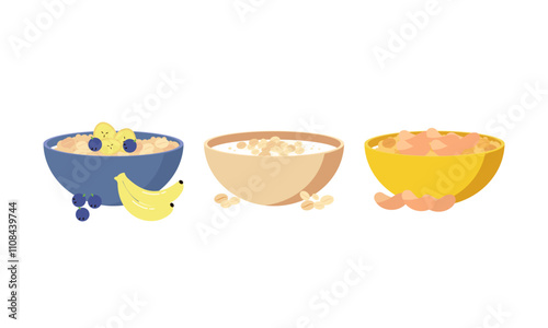 Oatmeal set. Collection of cups of oatmeal porridge with various fruits
