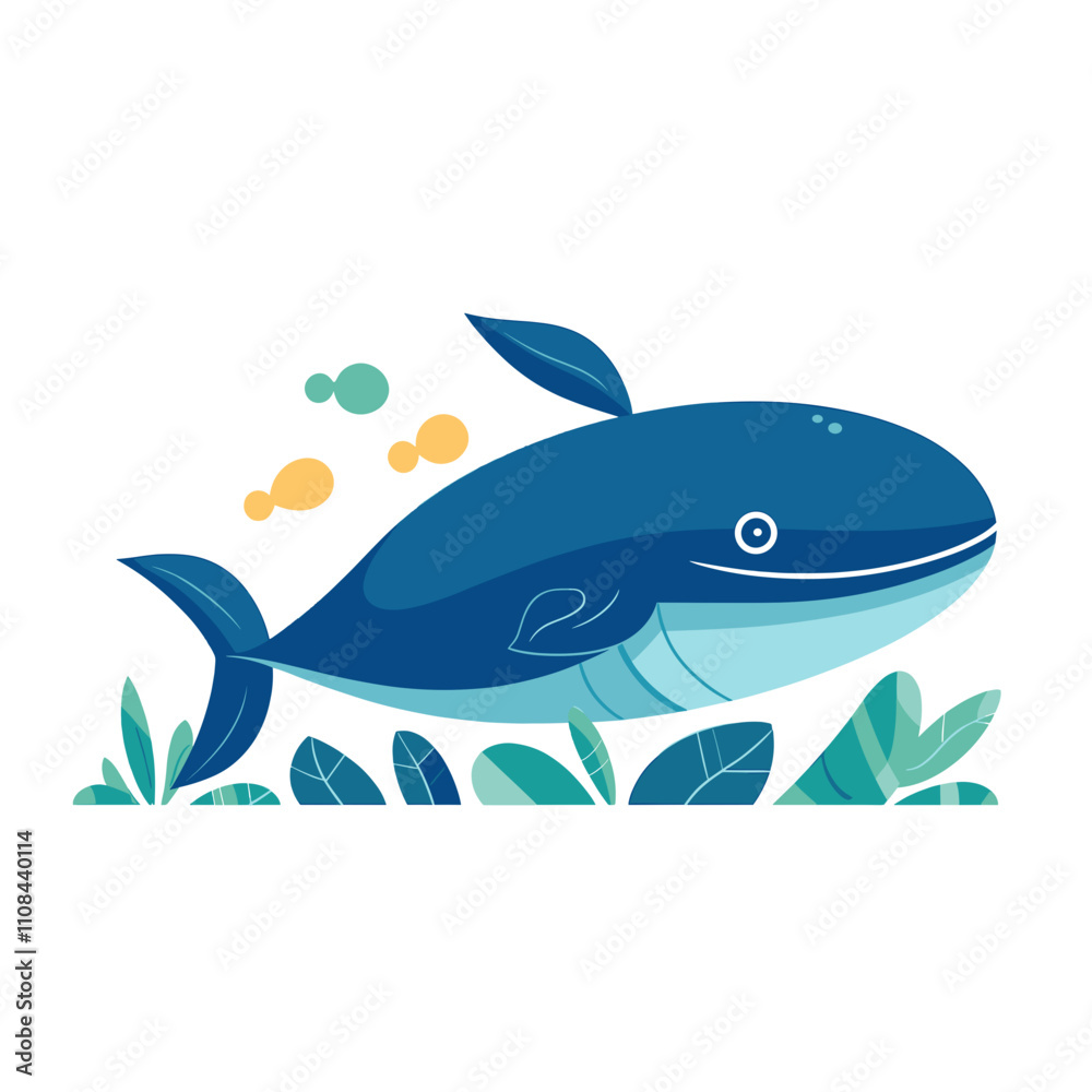 Obraz premium Vector illustration of a whale swimming among aquatic plants and fish