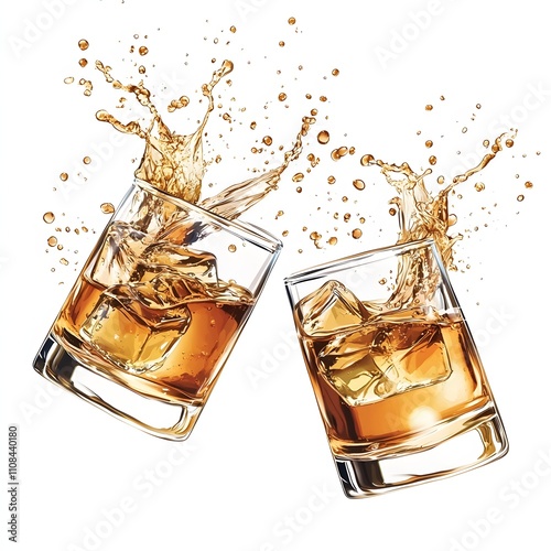 Cheers! Two glasses of amber liquid with ice clinking together, splashing dynamically. photo