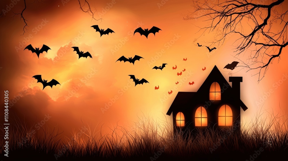 A spooky Halloween scene with scattered bat vectors flying over a haunted house. A spooky Halloween scene with scattered bat vectors flying over a haunted house.