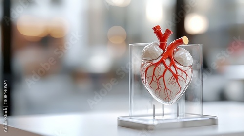 A detailed anatomical heart model with red arteries, displayed in a clear case, set against a blurred background of a modern space. photo