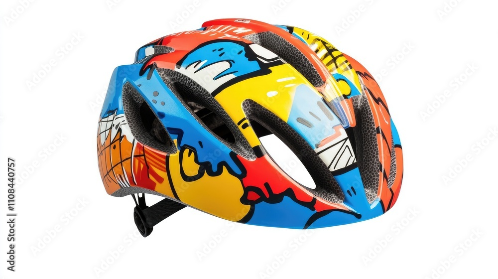 Fototapeta premium A colorful cycling helmet featuring a vibrant graphic design for safety and style.
