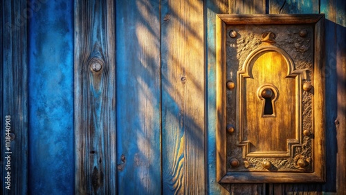 Wallpaper Mural A weathered wooden door with an ornate keyhole, bathed in the warm glow of the setting sun. Torontodigital.ca