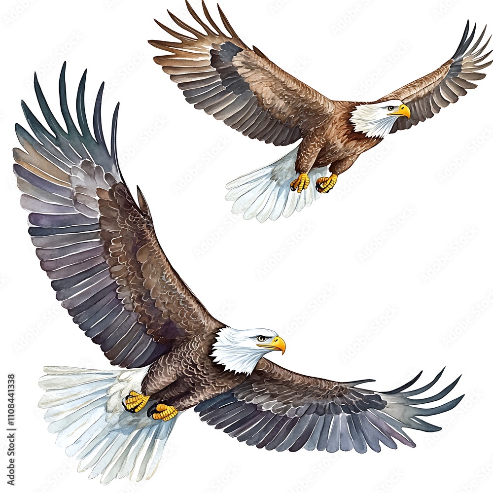 Obraz premium Two Majestic Bald Eagles in Flight, Watercolor Illustration.