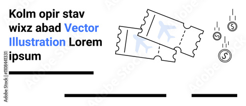 Two airline tickets in sleek design, accompanied by falling coins, and text blocks with a sample logo. Ideal for travel agencies, flight booking services, travel apps, financial services, promotional