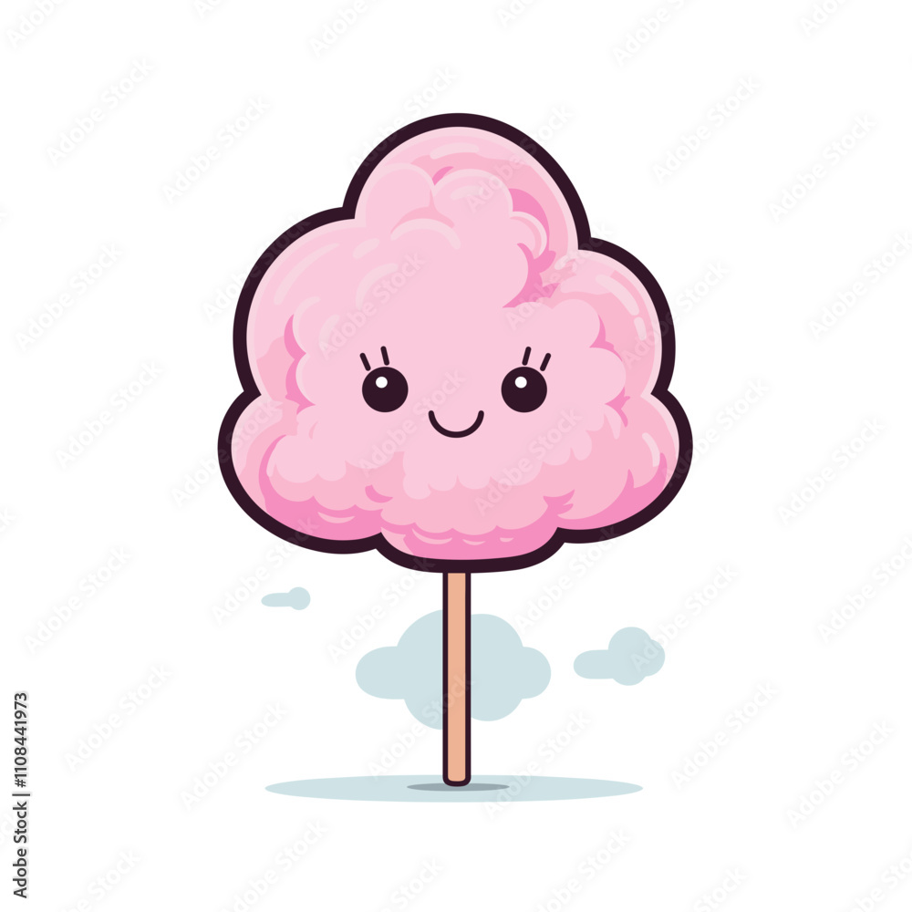 Cute cotton candy character with smiling face and stick Cute cotton candy character with smiling face and stick