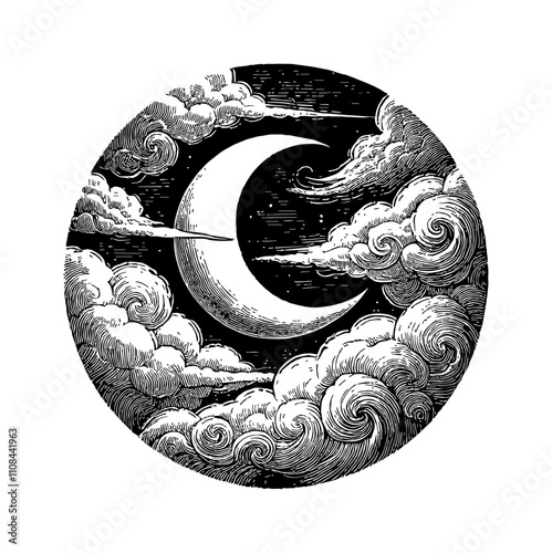 crescent moon surrounded by clouds engraving black and white outline